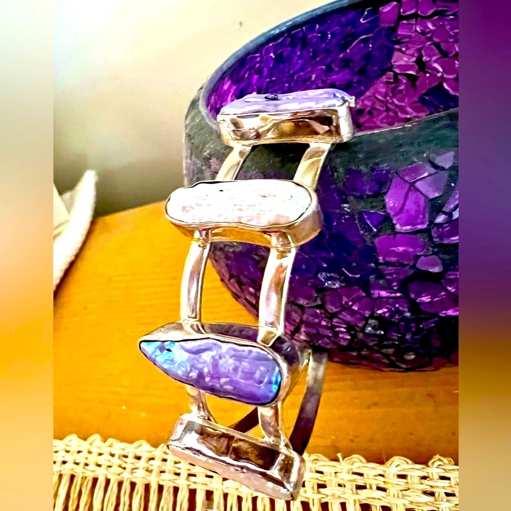 💜 Purple/White Iridescent NATURAL PEARLS DYED/950 STERLING SILVER CUFF BRACELET